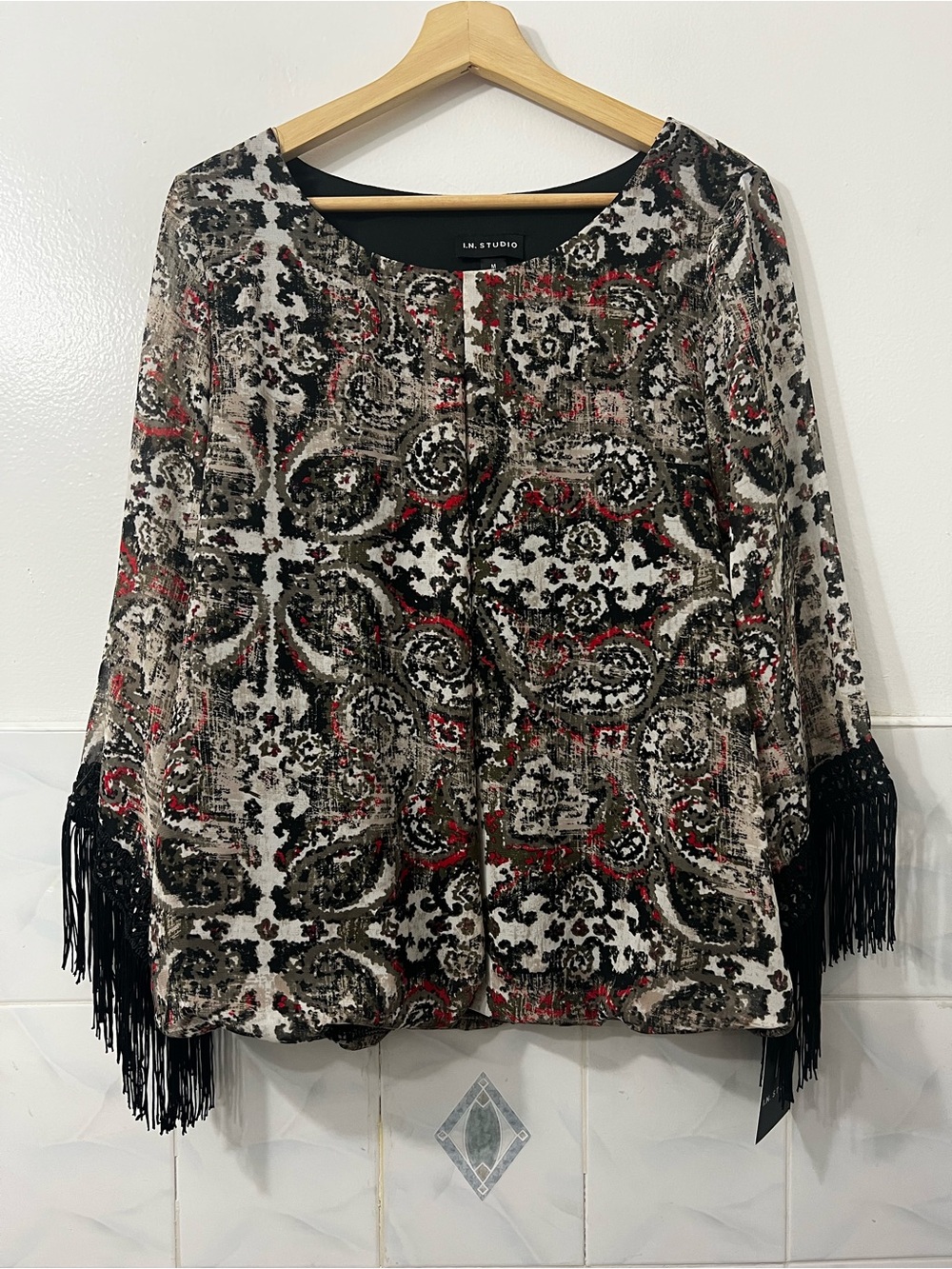 I.N. Studio Fringe Paisley Long Sleeve Top Size M Western Festival Whimsigoth